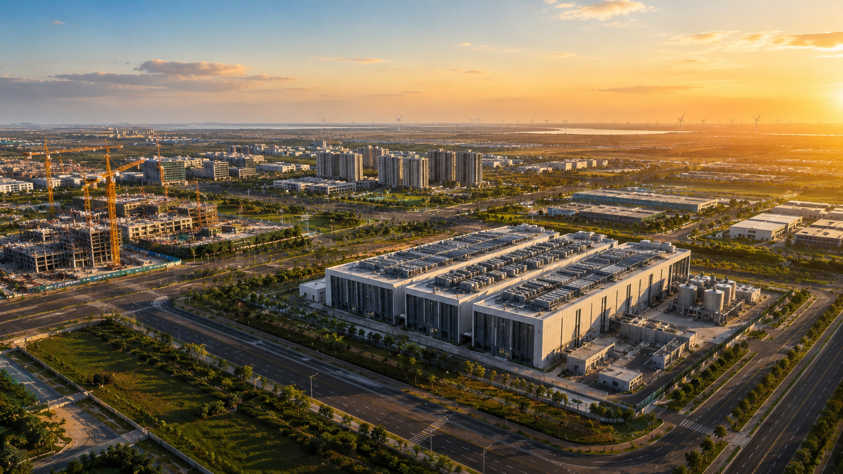 Aerial view of an AI-ready data centre in Dholera Smart City surrounded by commercial development, residential projects, modern highways, industrial parks, and green energy infrastructure in Gujarat.