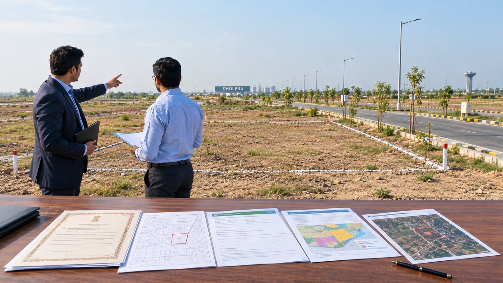 Dholera Special Investment Region Gujarat aerial view showing planned smart city infrastructure, industrial zones, highways and future urban development.