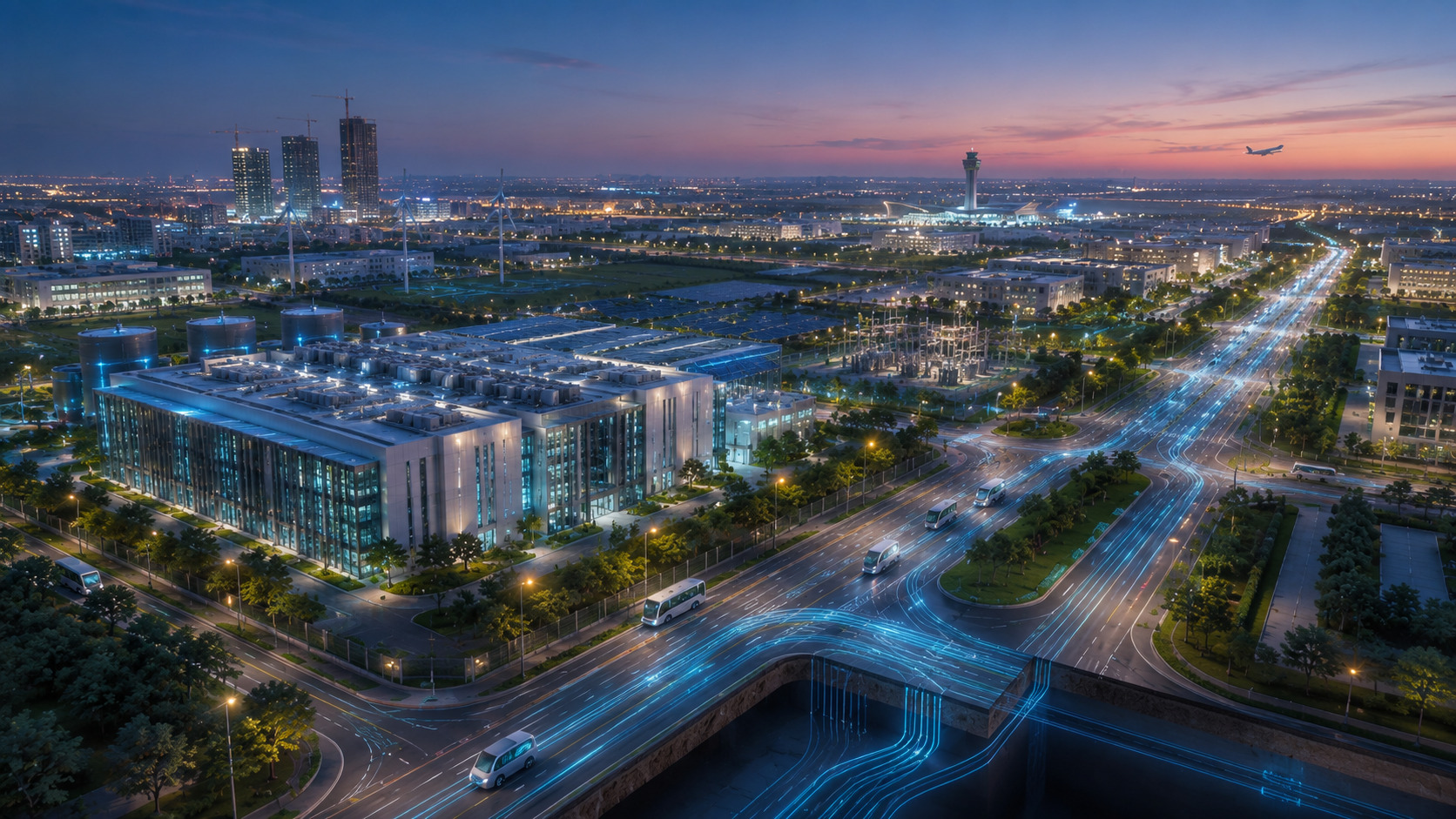 Blue hour aerial view of Dholera Smart City featuring a Green AI data centre, smart transportation systems, fiber optic connectivity, renewable energy infrastructure, modern industrial district, and Dholera International Airport.