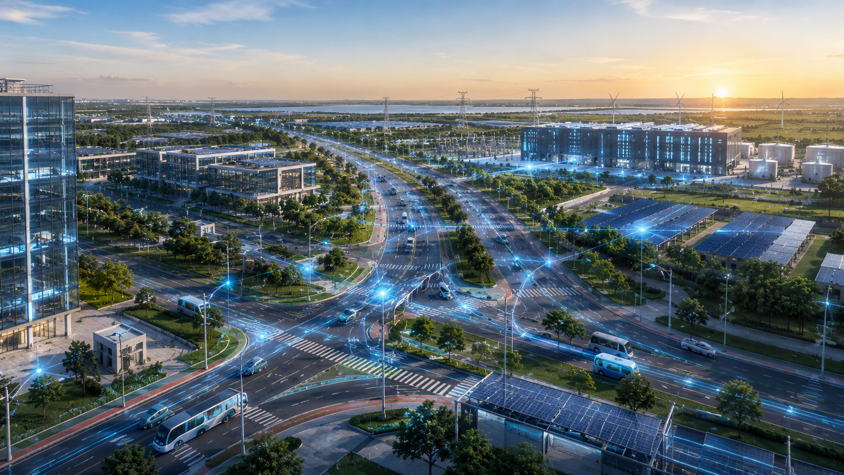 Photorealistic view of Dholera Smart City featuring smart roads, AI-powered traffic systems, Green AI data centre, solar energy infrastructure, and modern commercial development in Gujarat.
