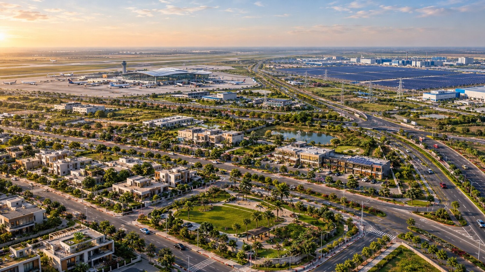 Dholera Aero City real estate development with airport, residential plots, solar power plant and industrial infrastructure in Gujarat