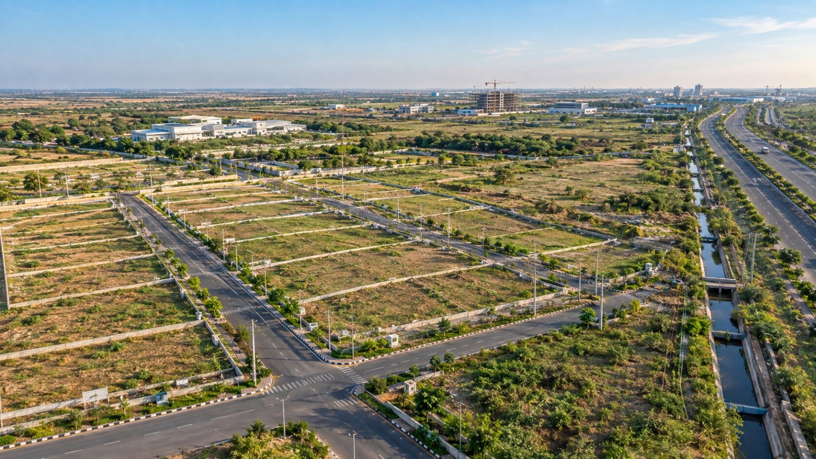 Premium real estate due-diligence desk for evaluating plot price in Dholera, featuring property plans, documents, a magnifying glass, calculator, smartphone map, laptop planning dashboard, and modern infrastructure in the background.