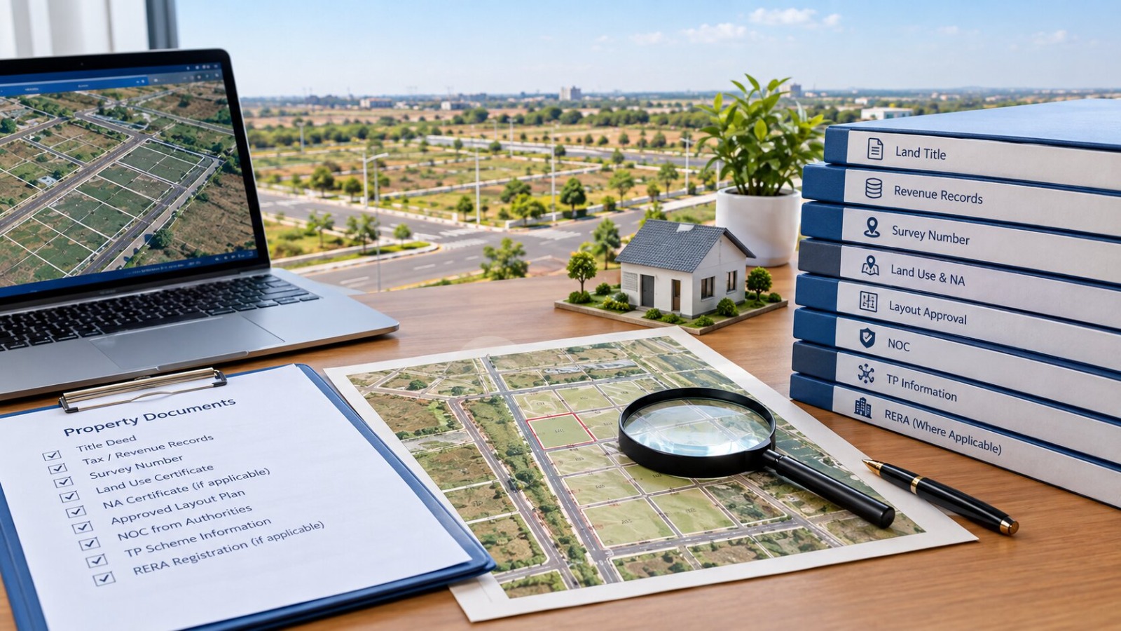 Premium real estate due-diligence desk for evaluating plot price in Dholera, featuring property plans, documents, a magnifying glass, calculator, smartphone map, laptop planning dashboard, and modern infrastructure in the background.